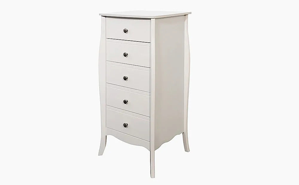  Chest of Drawers:  White Tall Narrow 5 Drawer Chest of Drawers