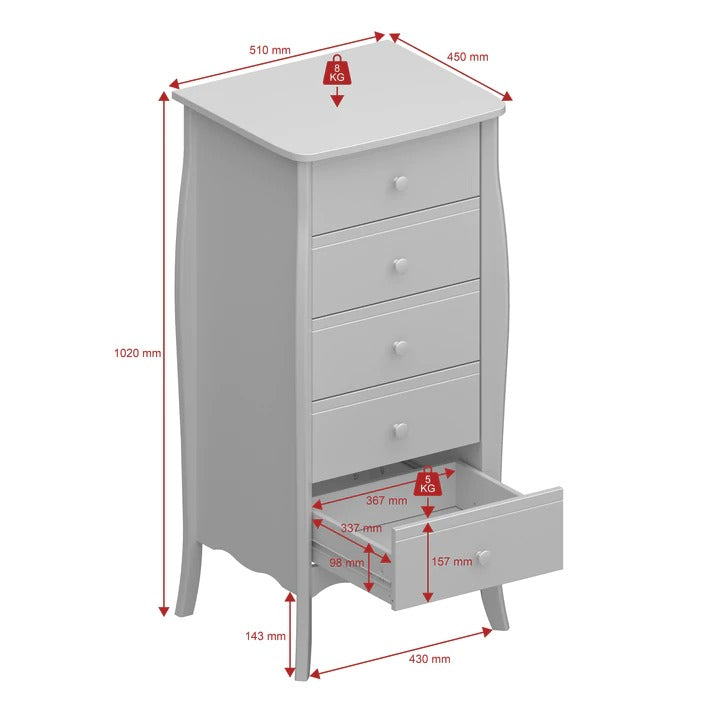 Chest of Drawers White Tall Narrow 5 Drawer Chest of Drawers-2