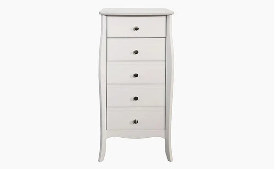  Chest of Drawers:  White Tall Narrow 5 Drawer Chest of Drawers