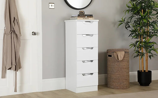 Chests Of Drawers White and White High Gloss Tall Narrow 5 Drawer
