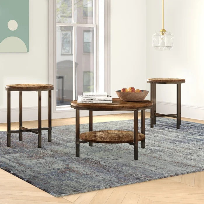 Coffee Table Set: Round Wooden 3 Piece Coffee Table Set
