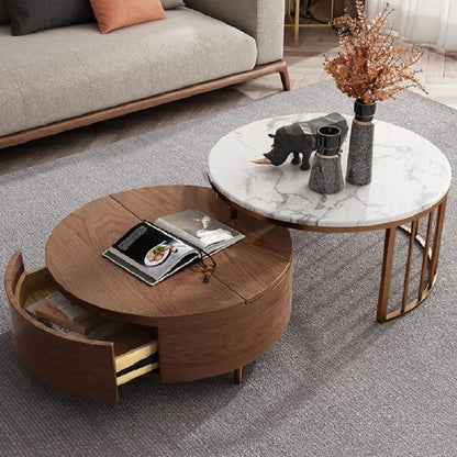 Coffee Table: White&Walnut Round Coffee Table With Storage Set Of 2