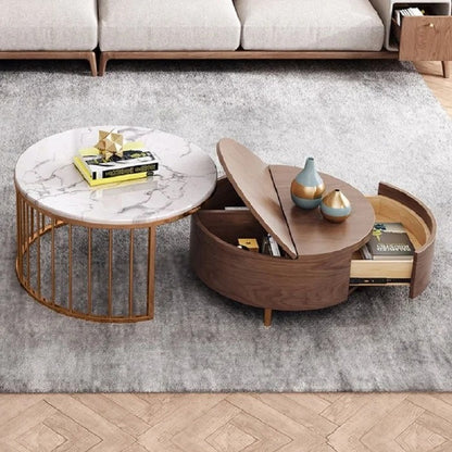 Coffee Table: White&Walnut Round Coffee Table With Storage Set Of 2