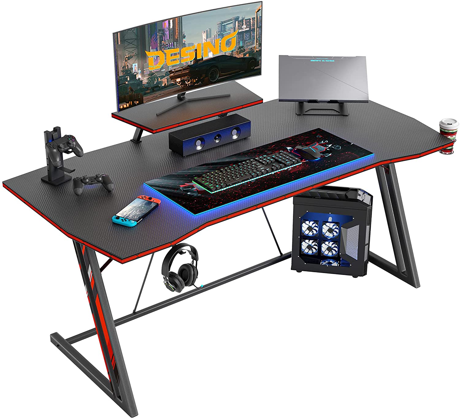 Computer Table Gaming Table Z Shaped Gamer with Cup Holder and Headphone Hook, Black