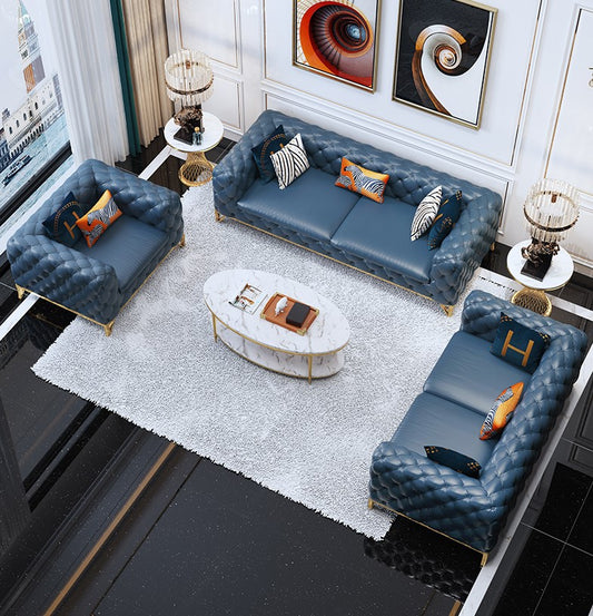 Designer Sofa Set:- Chesterfield Navy Blue Leatherette Luxury Furniture Sofa Set