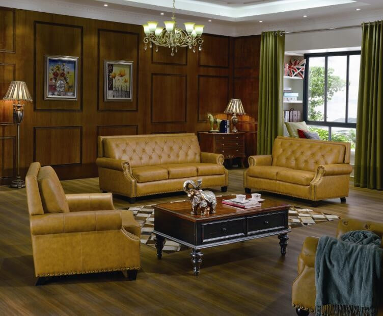 Designer Sofa Set:- American Style Classic Chesterfield Leatherette Luxury Furniture Sofa Set (Dark Khaki)