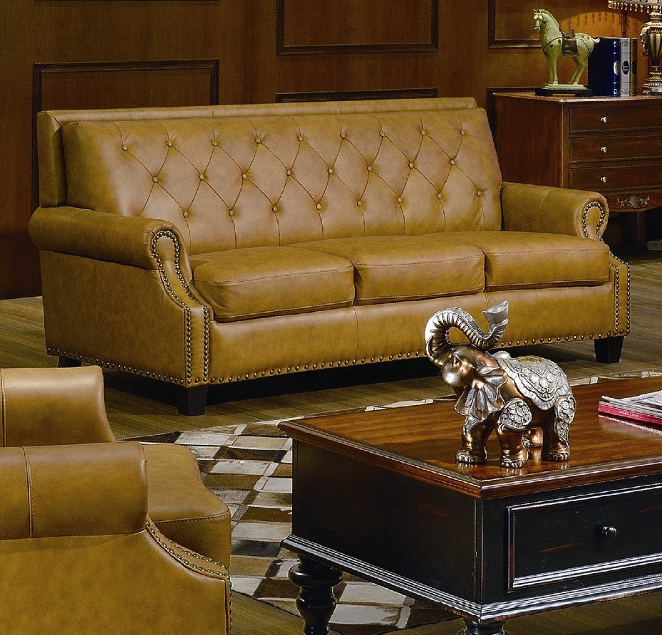 Designer Sofa Set:- American Style Classic Chesterfield Leatherette Luxury Furniture Sofa Set (Dark Khaki)