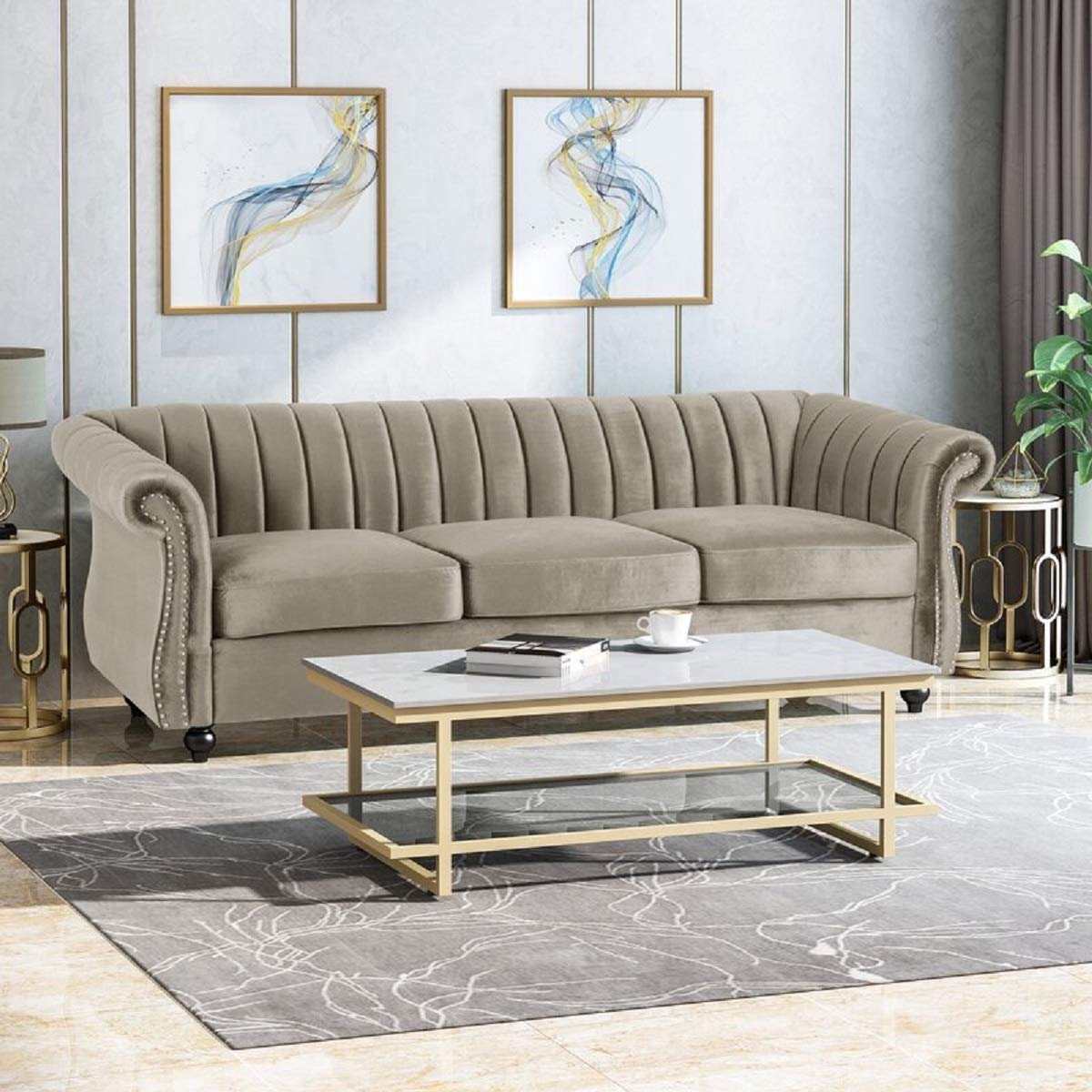 Designer Sofa Set:- 3 Seater Velvet Fabric Luxury Furniture Sofa Set (Olive Light Grey)