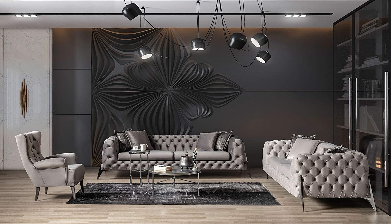 Designer Sofa Set:- 2+2+1, Fabric 5 Seater Chesterfield Luxury Furniture Sofa Set (Cream)