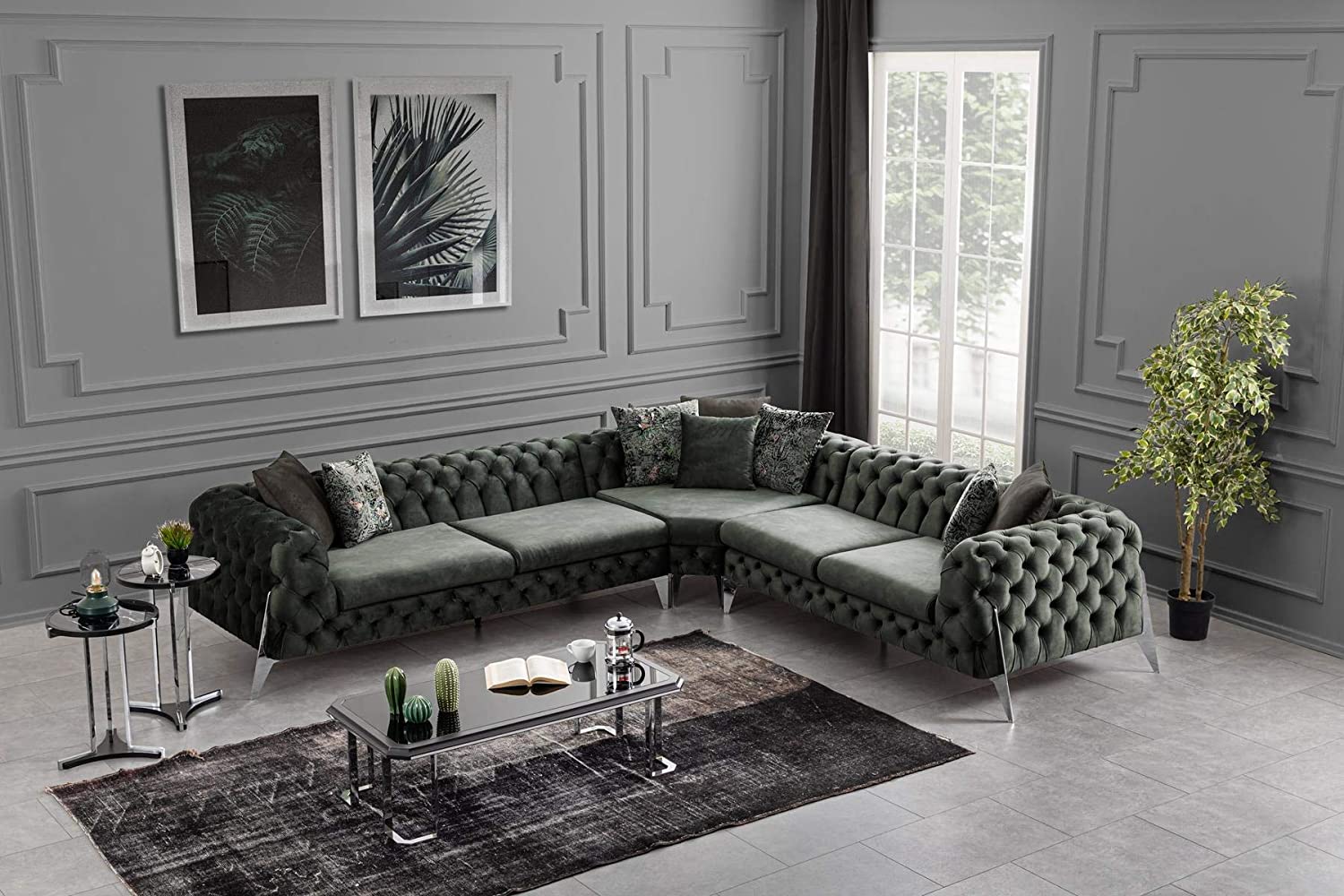 Designer Sofa Set:- Liberty L Shape Suede Fabric 6 Seater Luxury Furniture Sofa Set (Olive Green)