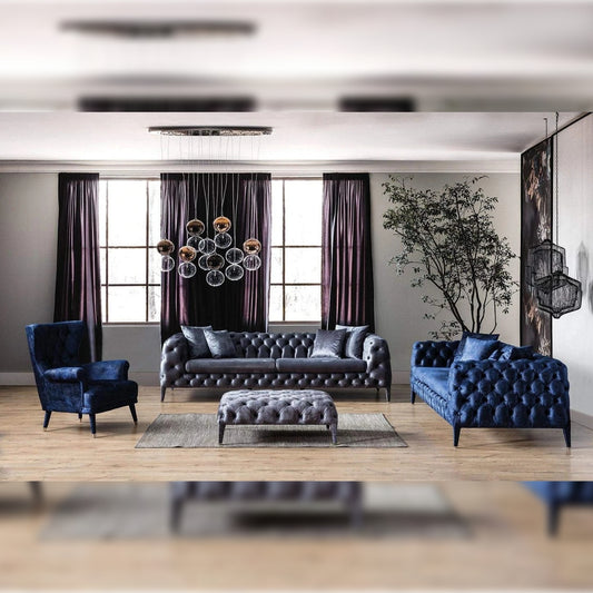 Designer Sofa Set- 2+2+1 Fabric 5 Seater Luxury Furniture Sofa Set (Grey & Blue)