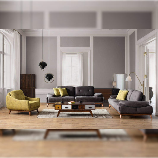 Designer Sofa Set- 2+2+1 Fabric 5 Seater Luxury Furniture Sofa Set (Yellow Printed, Dark Grey)