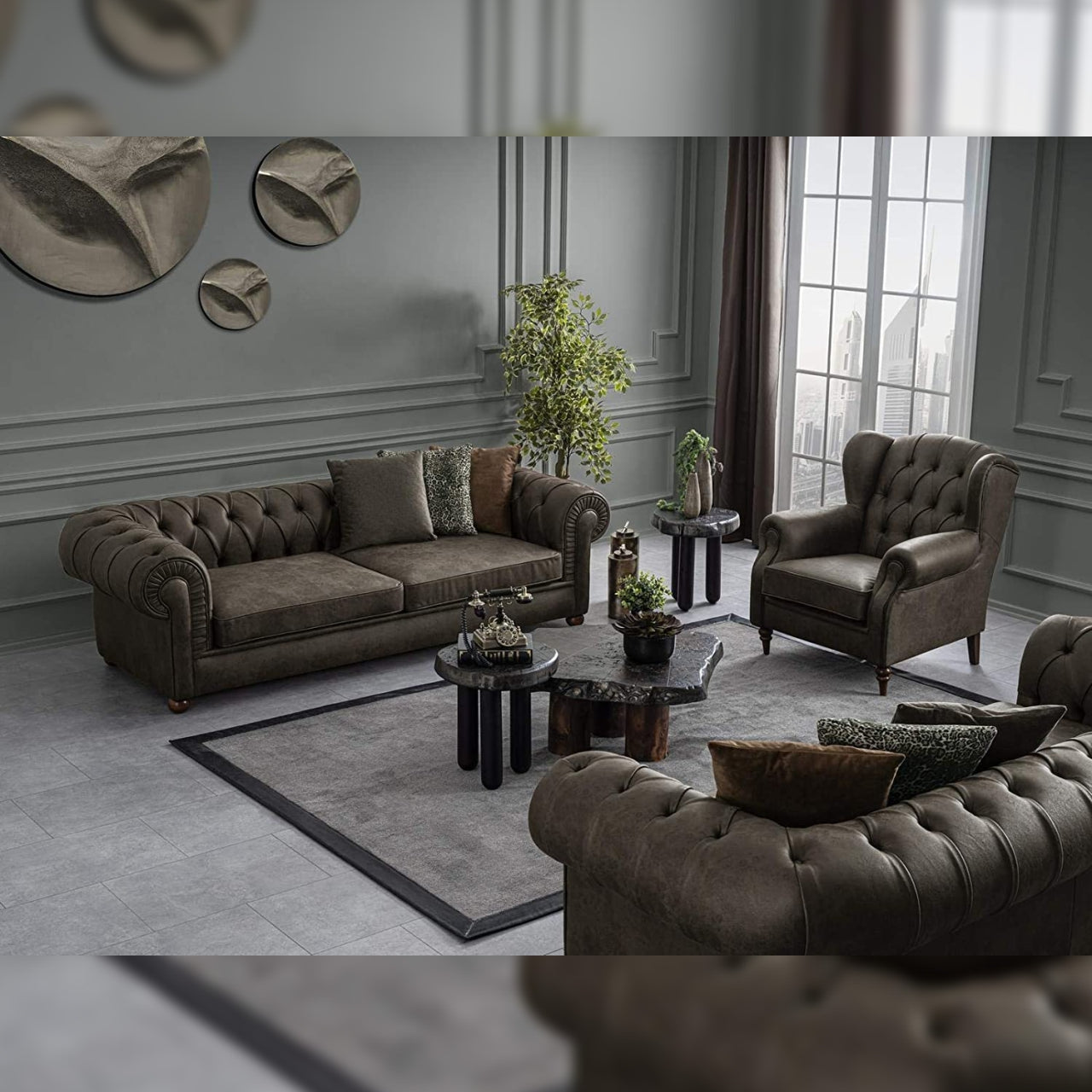Designer Sofa Set- 3+3+ 1 Wing Fabric 7 Seater Luxury Furniture Sofa Set (Dark Brown)