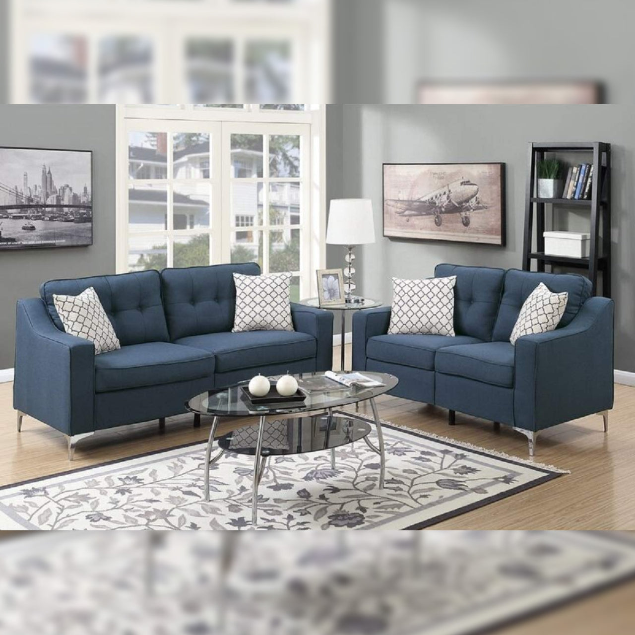 Designer Sofa Set- AMIA 3+2 Fabric Luxury Furniture Sofa Set (Navy Blue)