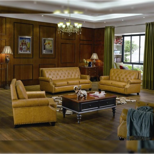 Designer Sofa Set- American Style Classic Chesterfield Leatherette Luxury Furniture Sofa Set (Dark Khaki)