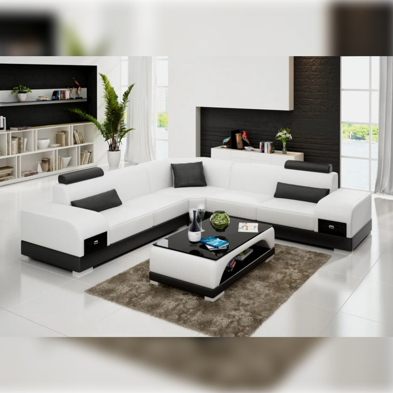 Designer Sofa Set-American Style Leatherette Luxury Furniture Sofa Set (White and Black)