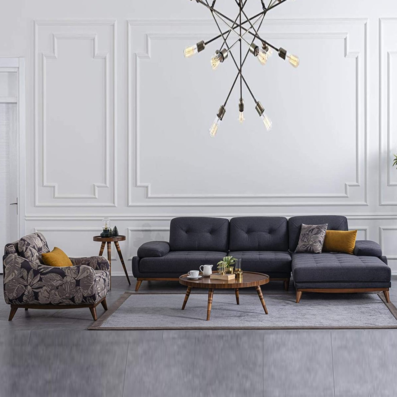 Designer Sofa Set- L Shape Fabric 5 Seater Luxury Furniture Sofa Set (Printed, Dark Grey)