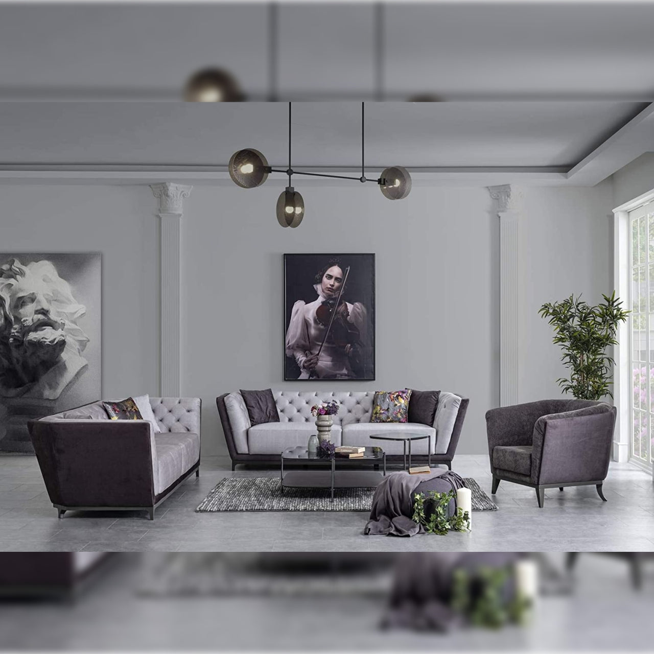 Designer Sofa Set- Maverick 2+2+1 Suede Fabric 5 Seater Sofa Set Luxury Furniture (Light & Dark Grey)