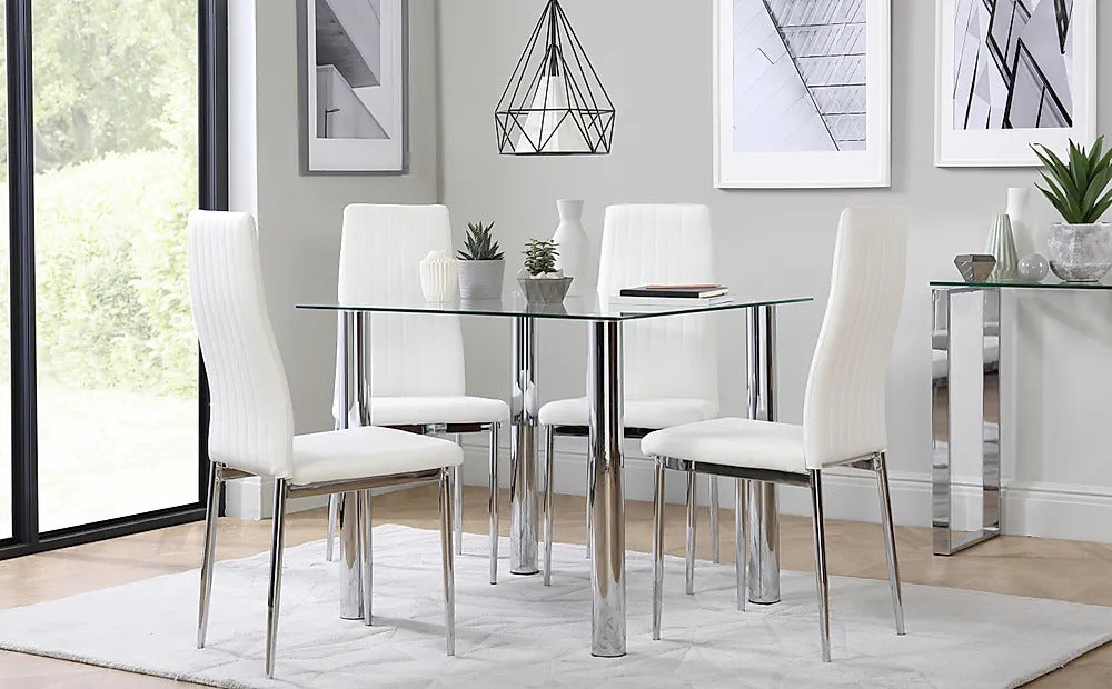 Dining Set : Eva Square Glass and Chrome Dining Table with 4 Leon Stone Grey Leatherette Chairs