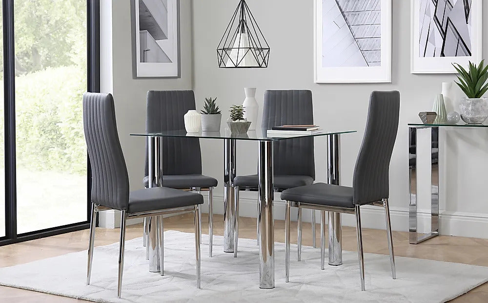 Dining Set : Eva Square Glass and Chrome Dining Table with 4 Leon Stone Grey Leatherette Chairs