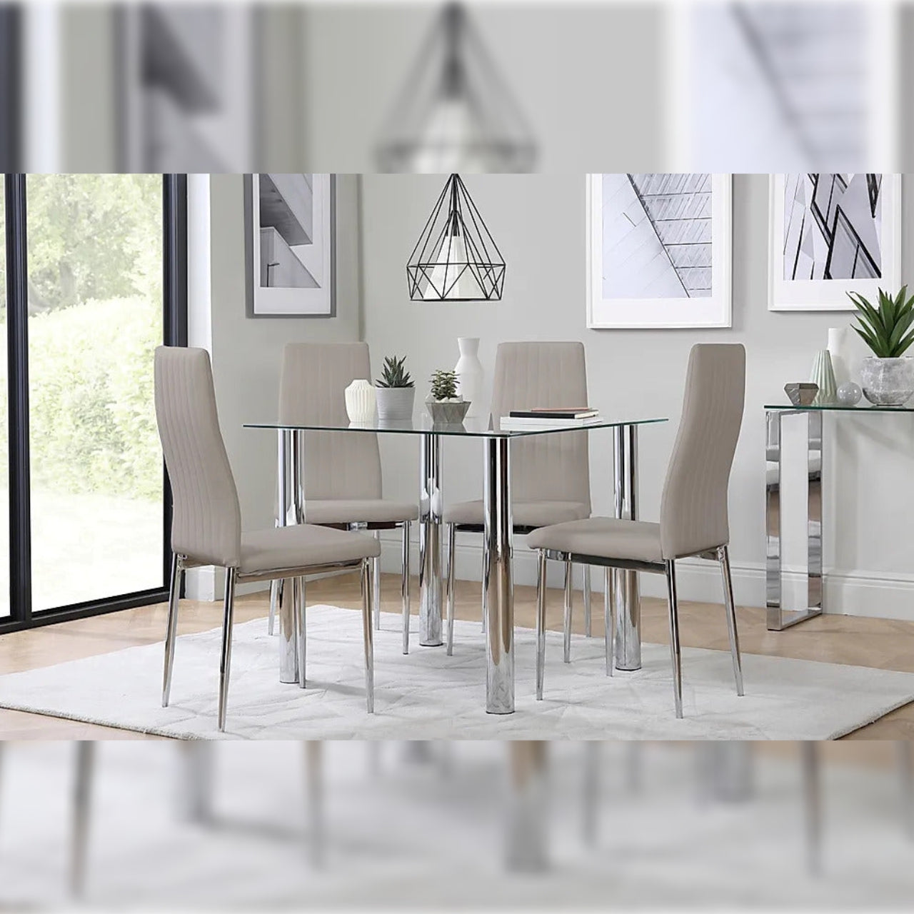 Dining Set  Eva Square Glass and Chrome Dining Table with 4 Leon Stone Grey Leatherette Chairs