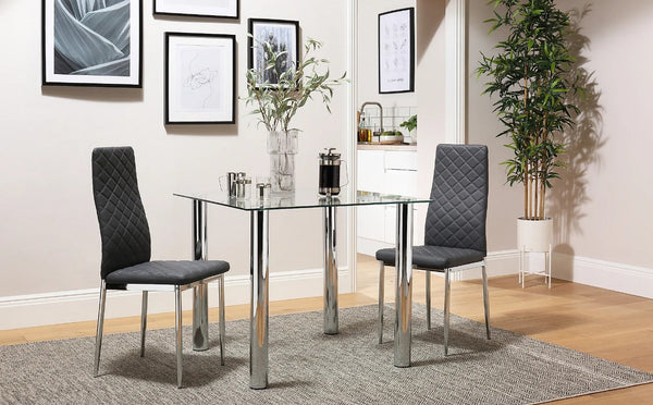 Dining Set: JACK Square Glass and Chrome Dining Table with 2 Leon Chairs