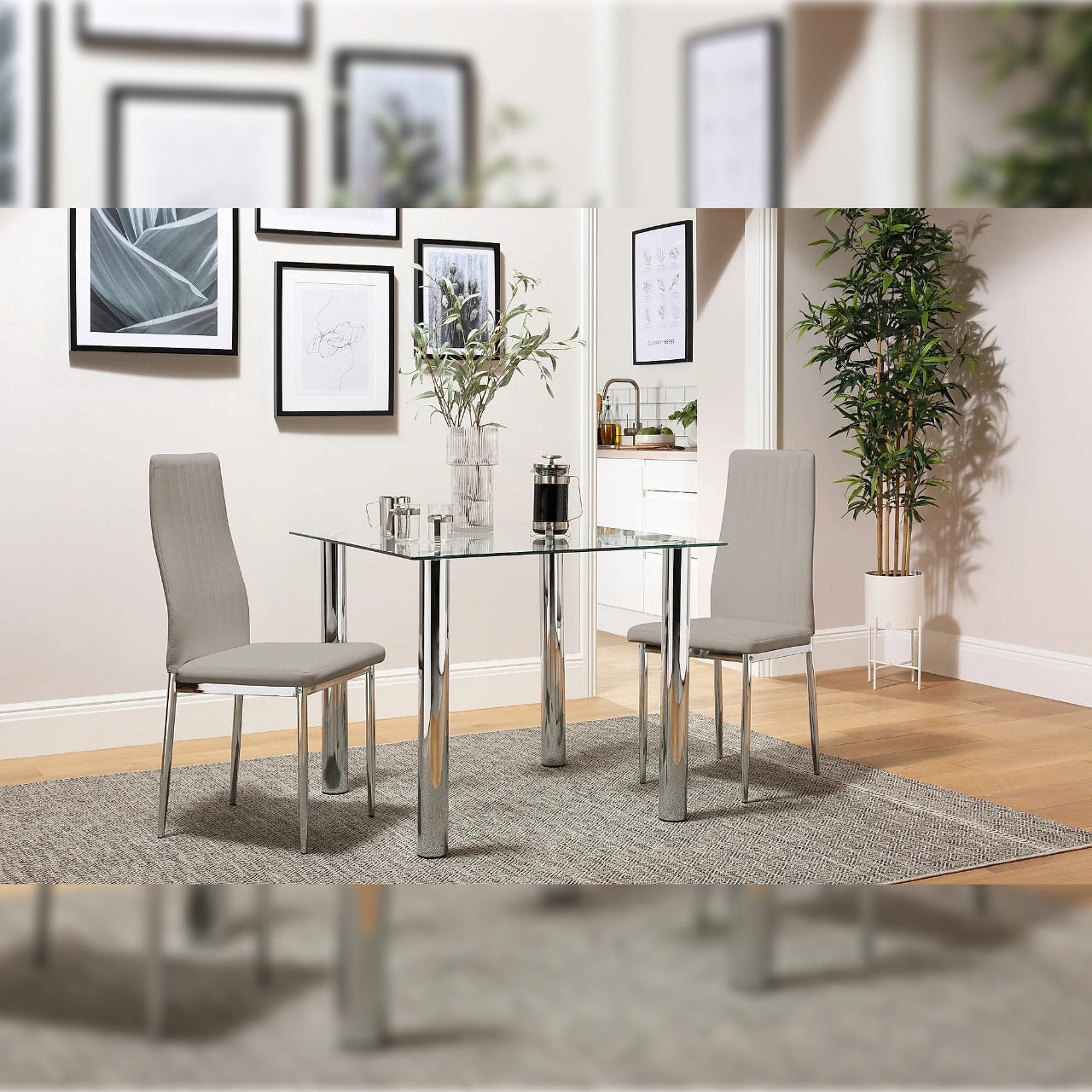 Dining Set JACK Square Glass and Chrome Dining Table with 2 Leon Chairs