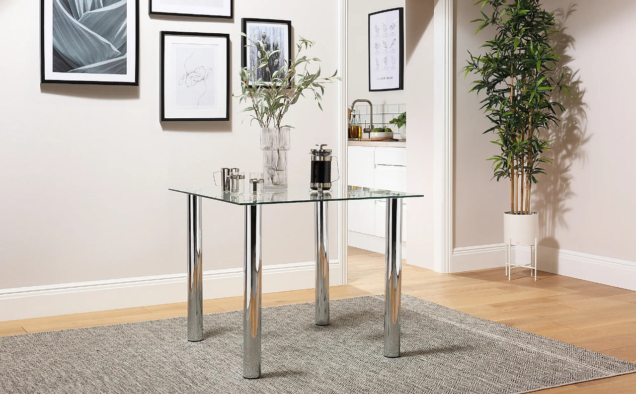 Dining Set: JACK Square Glass and Chrome Dining Table with 2 Leon Chairs