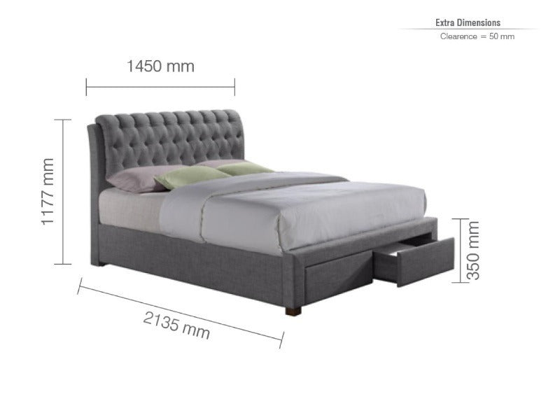 Double Bed Charcoal Fabric 2 Drawer Double Bed