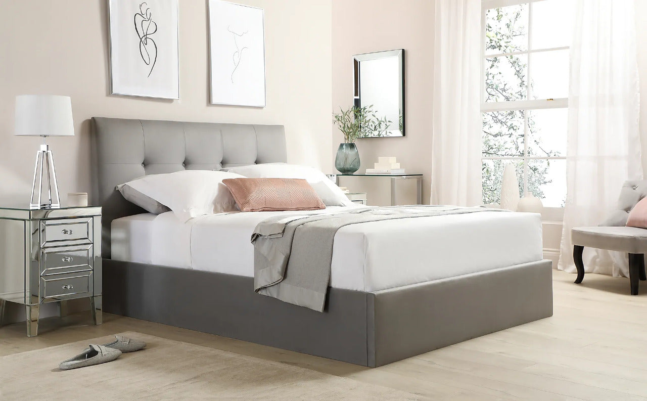 Double Bed:  Covershine Grey Velvet Fabric Double Bed