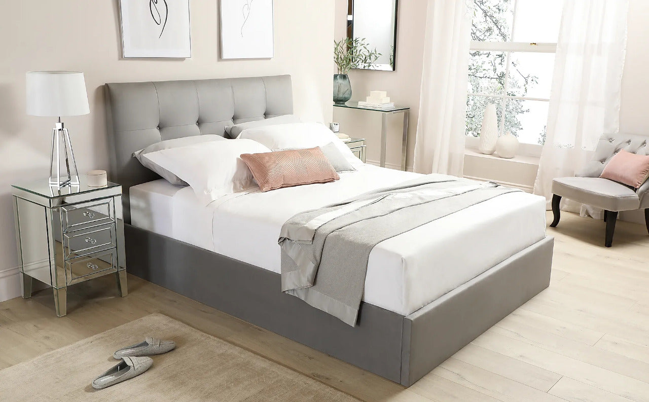 Double Bed:  Covershine Grey Velvet Fabric Double Bed