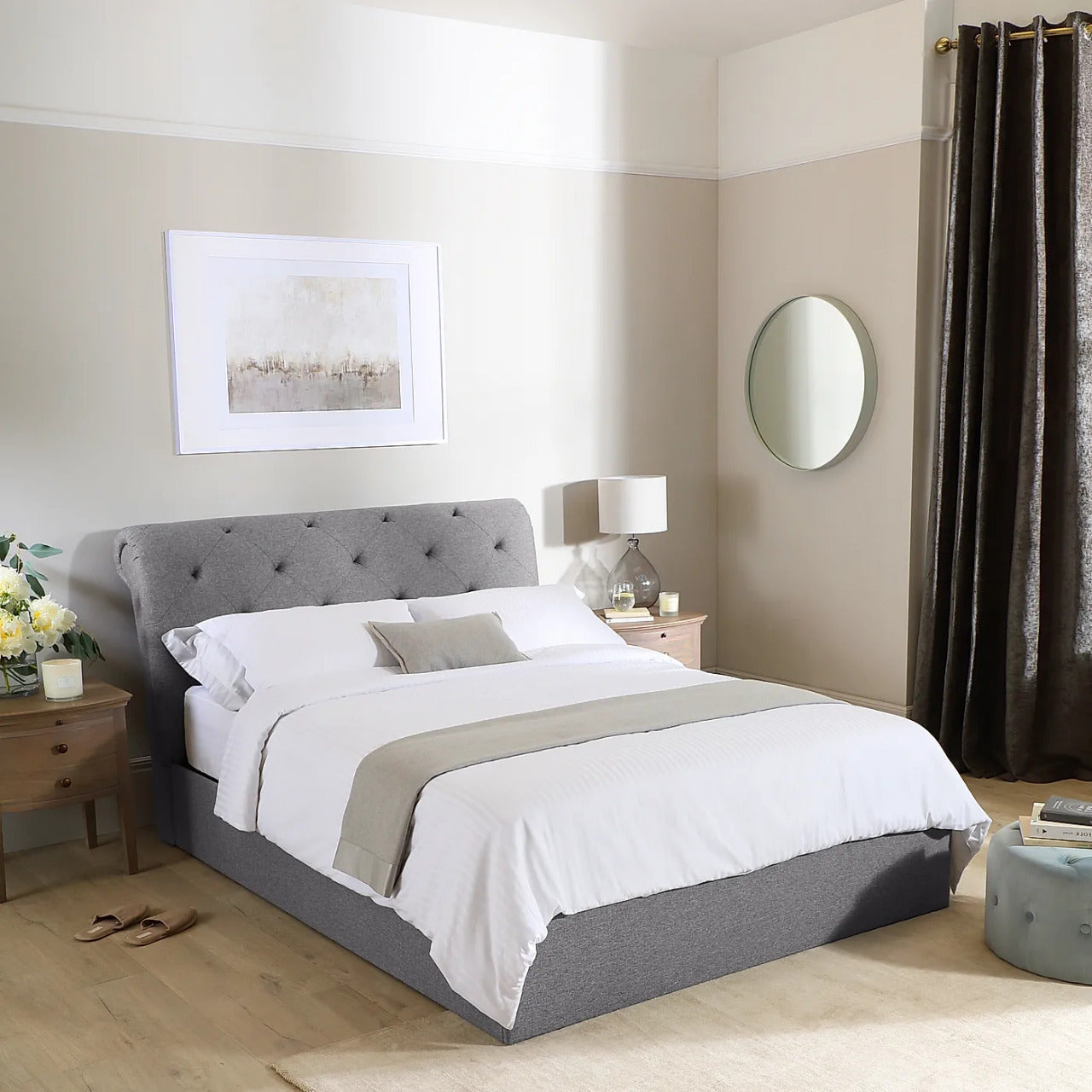 Double Bed: Grey Fabric Double Bed