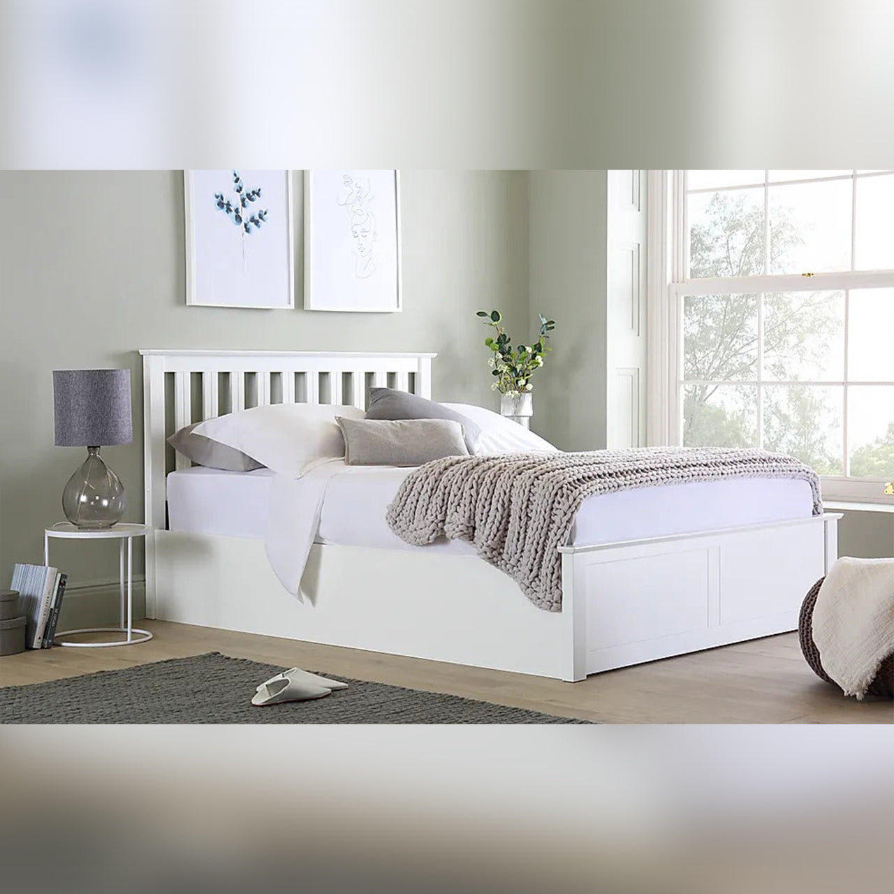 Double Bed White Wooden Hydraulic Bed