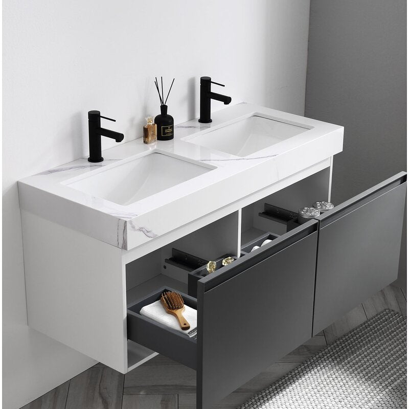 Double Sink Vanities: 47.54" Wall-Mounted Double Bathroom Vanity Set