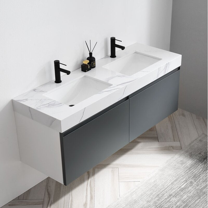 Double Sink Vanities: 60" Wall-Mounted Double Bathroom Vanity Set
