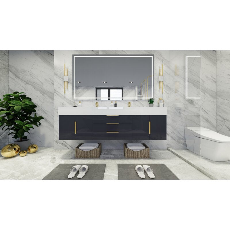 Double Sink Vanities: 72" W Wall-Mounted Double Bathroom Vanity Set
