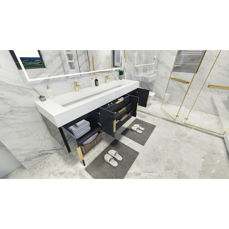 Double Sink Vanities: 72" W Wall-Mounted Double Bathroom Vanity Set