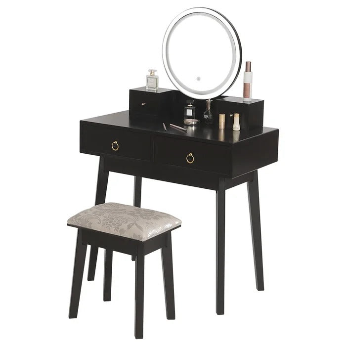 Dressing Table: 31.5'' Wide Solid Wood Vanity Set with Stool and Mirror