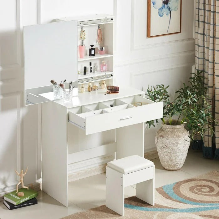 Dressing Table: 31'' Wide White Dressing Table Vanity with Mirror