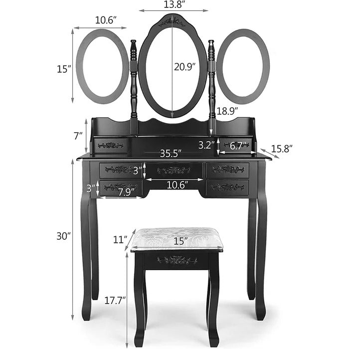 Dressing Table: 35'' Wide Vanity Set with Stool and Mirror