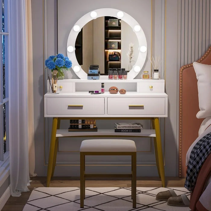 Dressing Table: 39.37'' Wide White Dressing Table Vanity Set with Stool and  Mirror