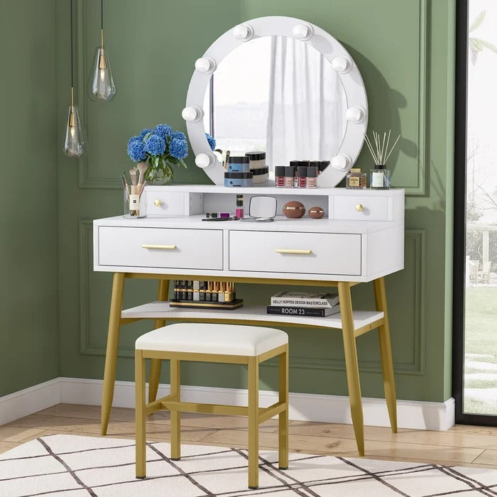 Dressing Table: 39.37'' Wide Vanity Set with Stool and Mirror