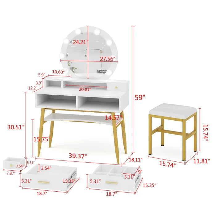 Dressing Table: 39.37'' Wide Vanity Set with Stool and Mirror