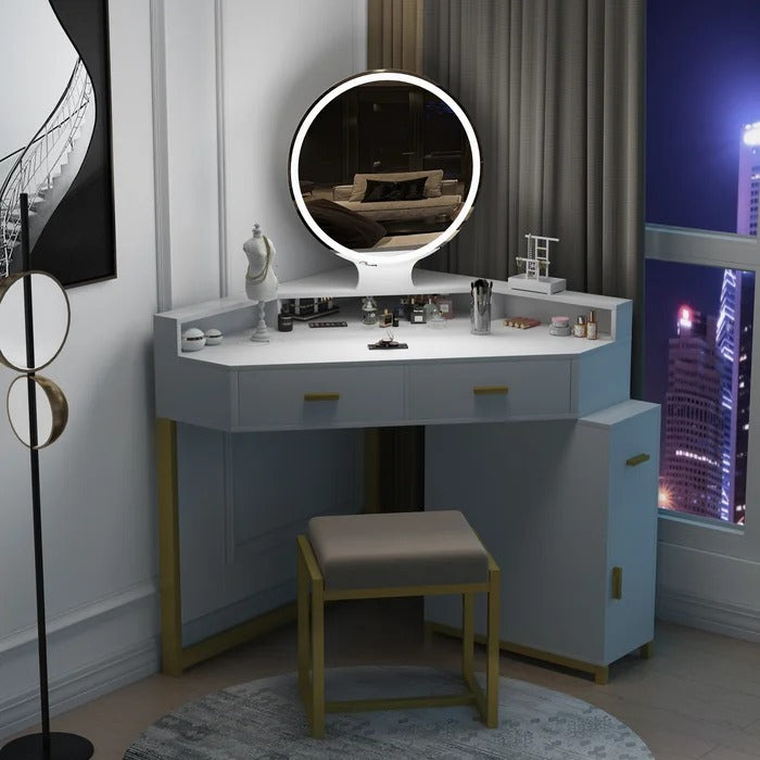 Corner Vanity Desk With Mirror And Lights Valentine's Day Gift, Makeup Vanity  Table With Charging Station, 3 Drawers & Retractable Side Cabinets With  Cushioned Stool For Women Girls | SHEIN USA