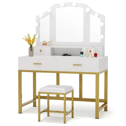 Dressing Table: 47'' Wide White Vanity Set with Stool and Mirror