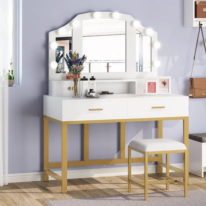 Dressing Table: 47'' Wide White Vanity Set with Stool and Mirror