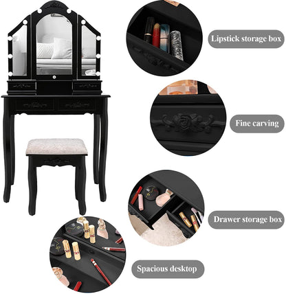 Dressing Table: Black Tri-Folding Lighted Mirror and 10 LED Bulbs