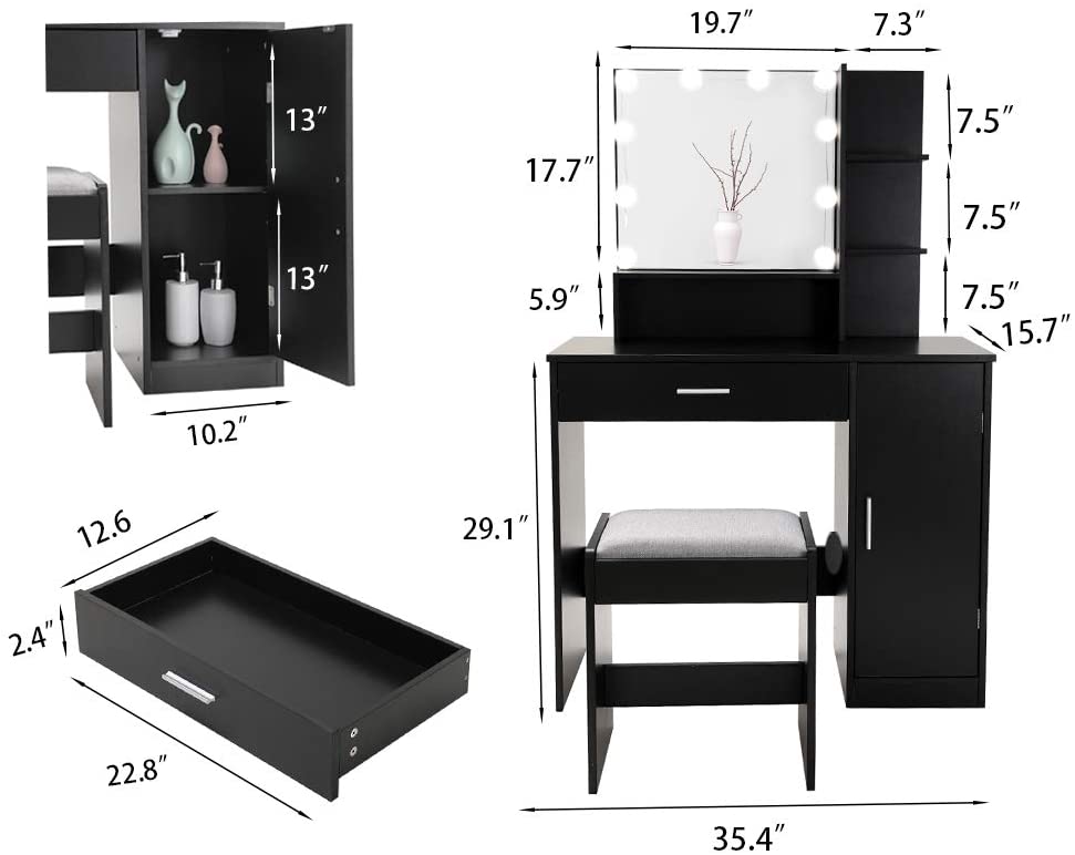 Dressing Table: Black Vanity Table Set with 10 Light Bulbs