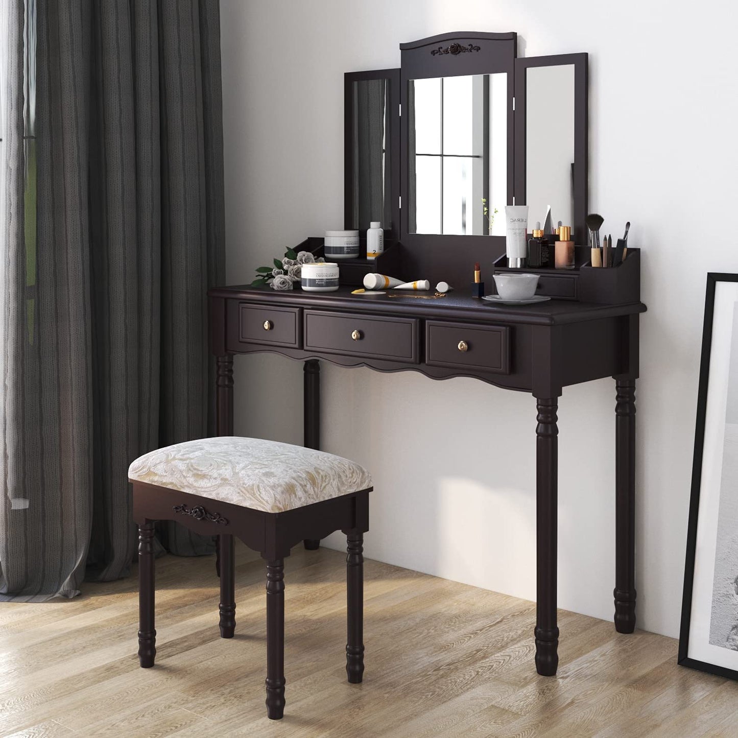 Dressing Table: Black, Brown and White Dressing Table with 5 Drawers