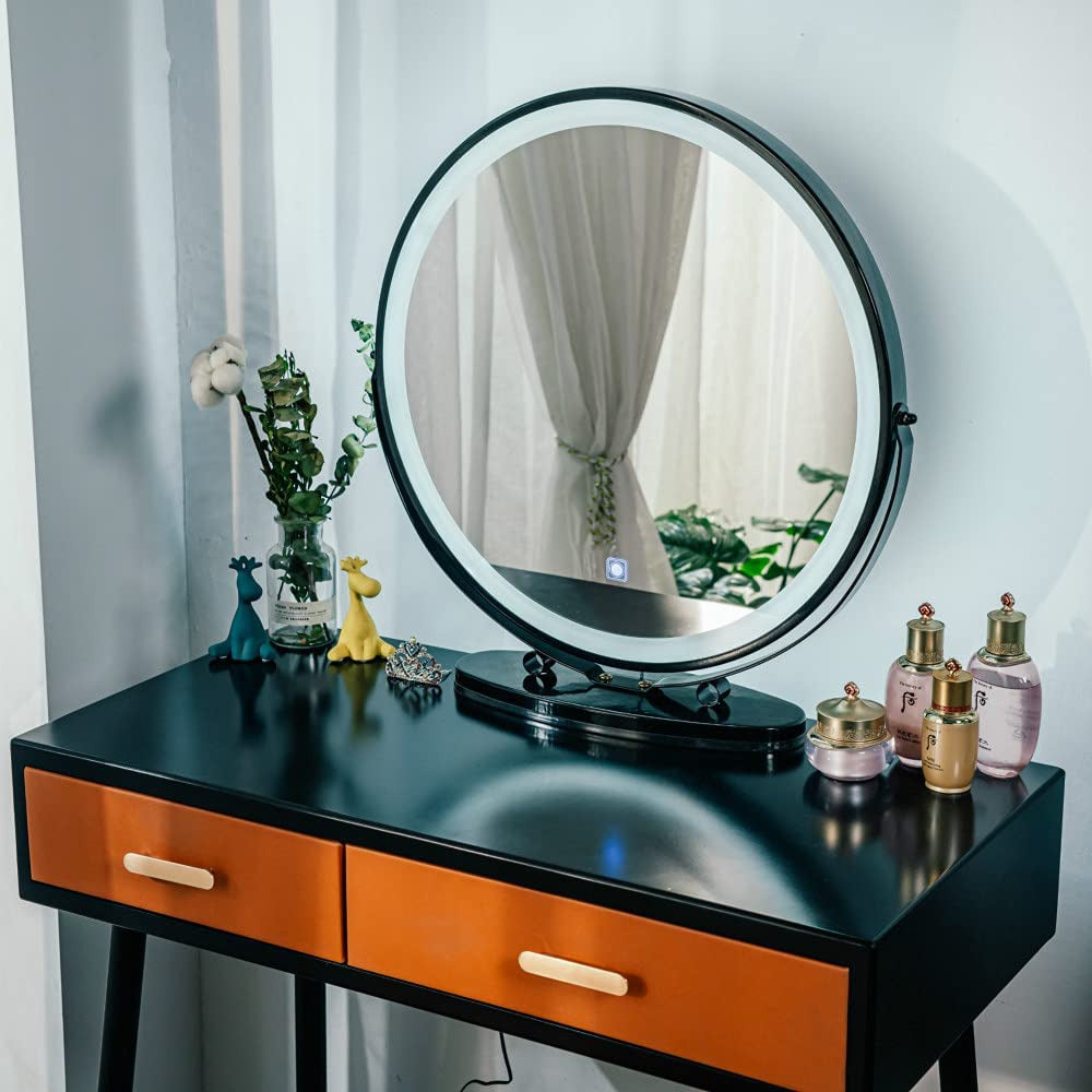 Dressing Table  Cushion Stool Angle Adjustable Mirror Modern Black Orange Dressing Table 